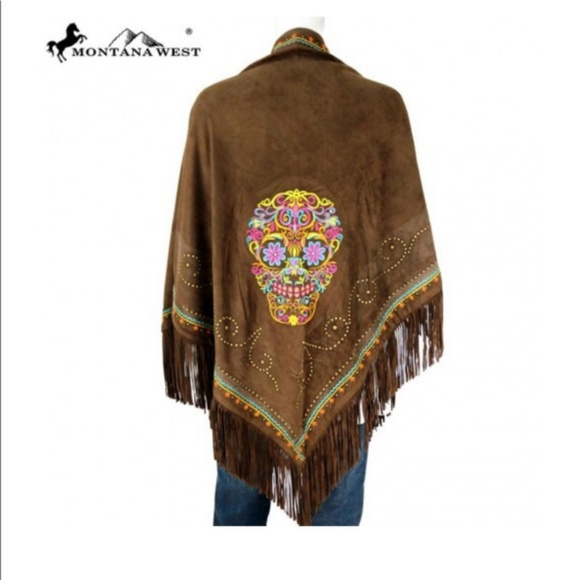 Montana West Sweaters - Montana West Embroidered Sugar Skull Shawl/ Poncho
